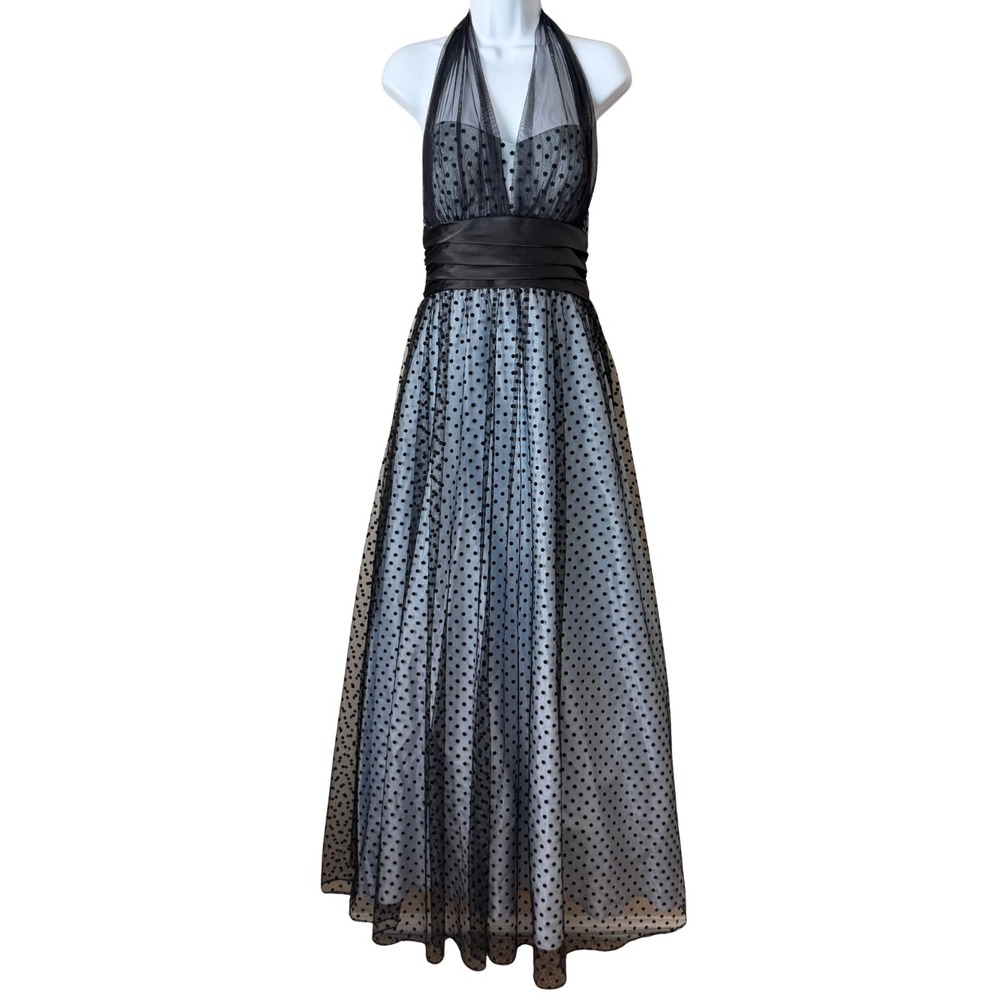 Vintage Blondie Nites Linda Bernell Polka Dot Tulle Halter Prom Dress Black Blue